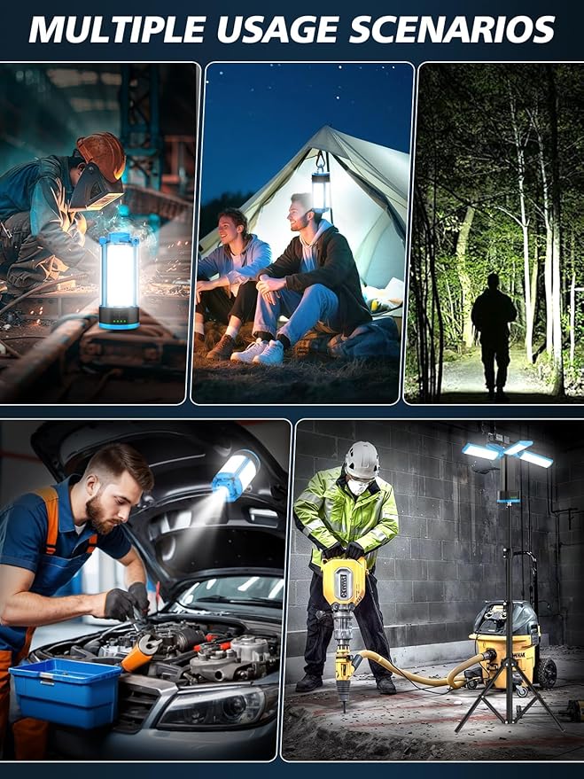 Camping Light with Stand, 4100LM Dimmable Cordless Work Light with 3 Modes, 4 LED Lamp Heads Magnetic Emergency Flashlight with Detachable Tripod
