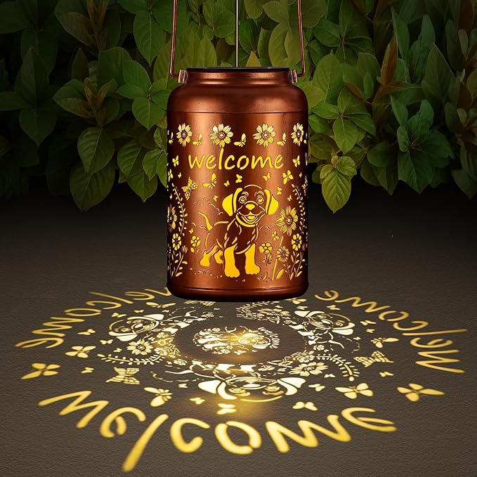 Solar Lantern Outdoor Hanging Waterproof Outside Metal Openwork Hummingbird Pattern Birthday Gifts for Women Mom Landscape Lights for Porch Garden Yard Patio Pathway Decor(Dogs)