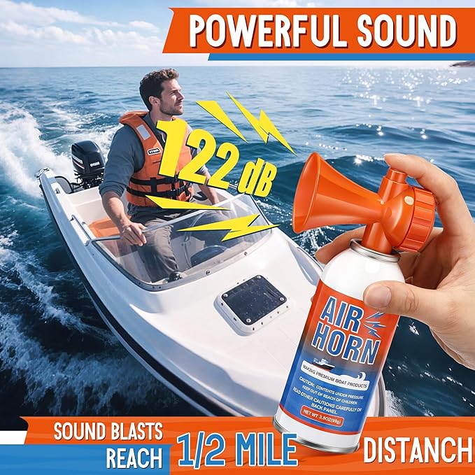 2 Pack Large Air Horn for Safety 3.5oz, 122dB Very Loud Marine Air Horn for Boat, Coast Guard Approved, Great for Boat & Marine Safety, Sporting Events, Travels, Hiking (Orange)