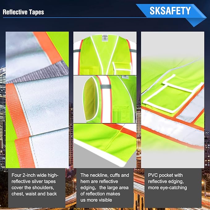 SKSAFETY 10 Pockets Safety Vest, Class 2 High Visibility Security with Zipper Back Mesh, Hi Vis Vest with Reflective Strips, ANSI/ISEA Standard, Construction Work Vest for Men ＆ Women （Lime, 2XL）