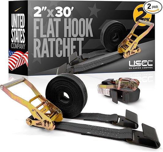 US Cargo Control Flat Hook Ratchet Straps 2 Inch X 30 Foot (2-Pack), 10,000 LBS Break Strength, Black Heavy Duty Ratchet Straps with Black Flat Hooks, Tie Downs for Flatbed Trailer