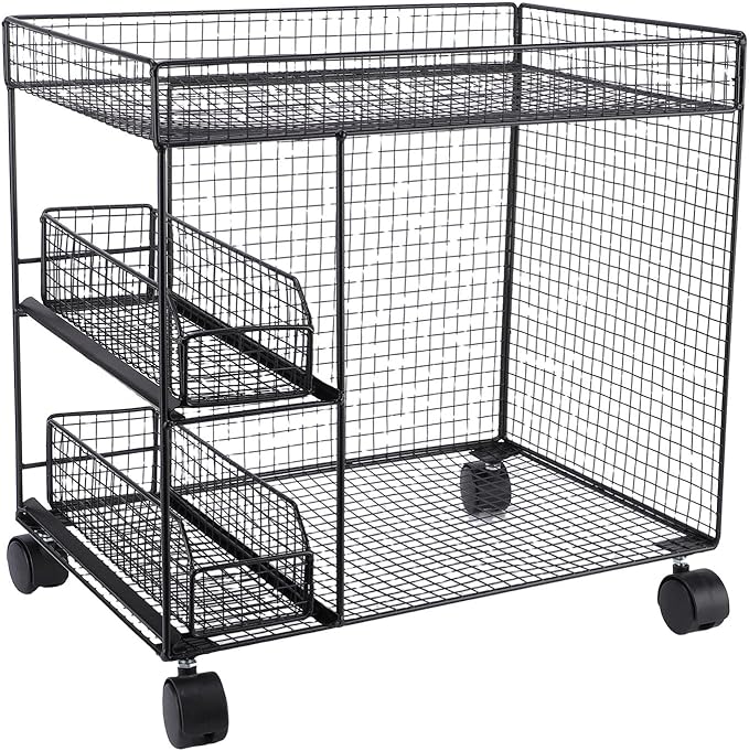 Mobile Storage Rack, Wide Opening Kitchen Storage Cart Rolling Utility Cart with 360 Rotating Wheels & Pull Out Baskets Kitchen Organizer for Bowls, Dishes, Utensils (Black)