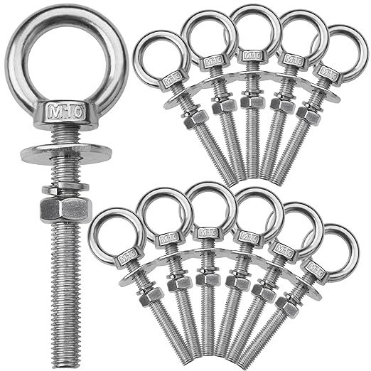12 Pack M10 Stainless Steel Eye Bolts with Nuts, 3/8" x 3" Long Lifting Ring Eye Bolt， Eye Bolts Heavy Duty for Hang Tie Down Outdoor (12, M10x77mm (3/8"x3"))