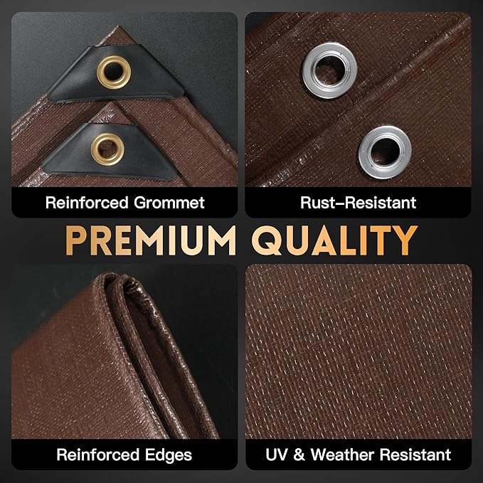 Tarp 10x20 ft Super Heavy Duty 16mil 100% Waterproof,Uv Resistant,High Durability Multipurpose Brown Tarp Suitable for Courtyards, Cars, Camping, Gardens, Pet Nests -by Mvpnet