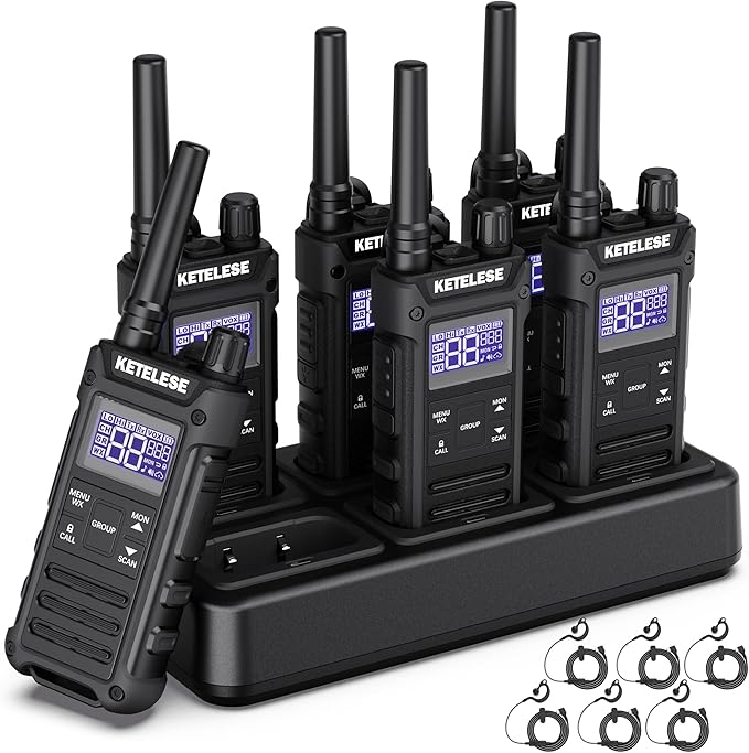 KETELESE T3G Heavy Duty Walkie Talkies Type-C Rechargeable, IP67 Waterproof 2 Way Radios with Earpiece, Adapter, Dock, PTT Group, NOAA, VOX, 6 Pack Walkie Talkie for Adult Black/Grey