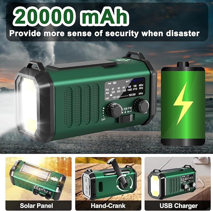 Gifts for Men Dad Husband - Christmas Stocking Stuffers, Emergency Hand Crank NOAA Weather Radio with Solar Charging 20000mAh Battery Built-in Flashlight, Reading Light & SOS Alarm