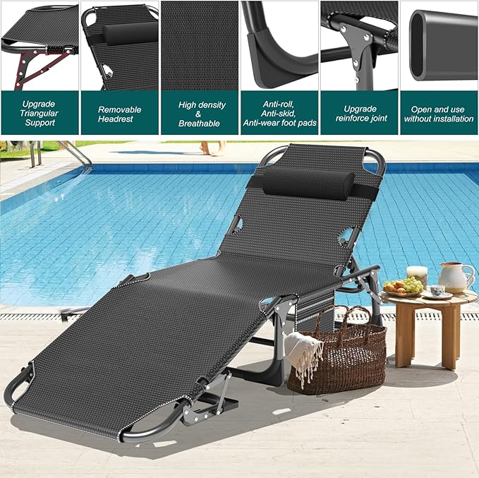 ABORON Patio Lounge Chair, Folding Guest Bed Cot for Adults, 500LB Heavy-Duty Capacity, Portable Extra Bed with Comfort Mat, Quick Fold Design for Indoor Guest Stays & Temporary Use