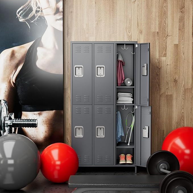 6 Doors Metal Lockers for Employees with Lock, Metal Locker with 18 Hooks for Office,Assembly Required,Dark Grey