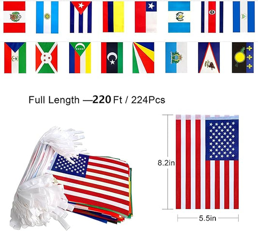 224 Different Countries International String Flags Banner of the World Small Mini Bunting Banners for Grand Opening,Bar,School Office,Sports Events,International Festival Decorations,All Countries Flags,220 Feet
