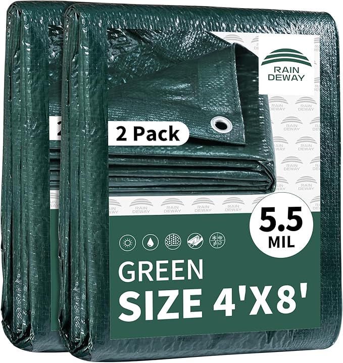 RAINDEWAY Tarps 4x8 Feet(2 Pack),Small Tarp Waterproof,5.5 Mil Thick, Multipurpose Waterproof Poly Tarp Cover with Metal Grommets and Reinforced Edges,Green Tarps