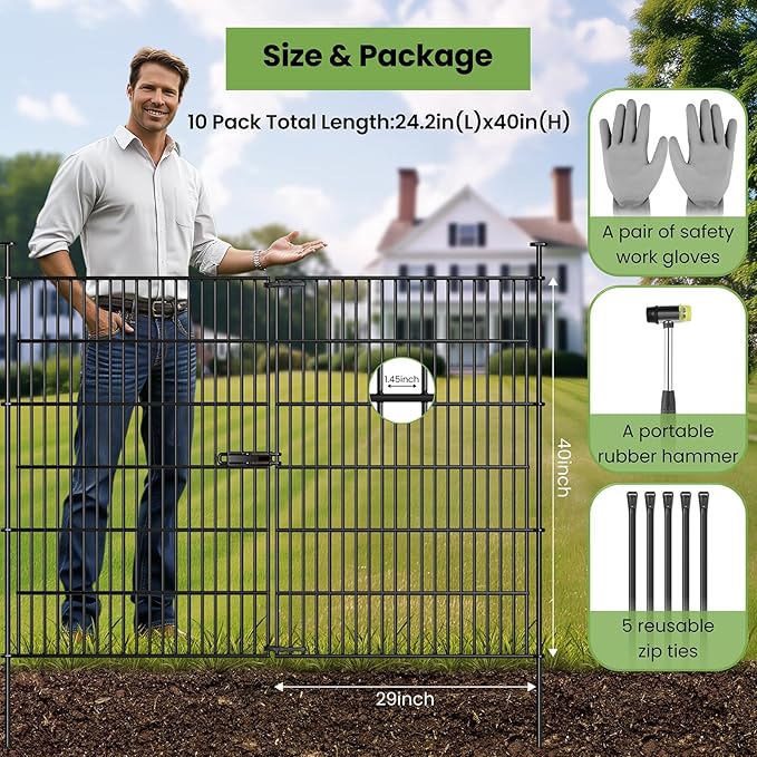 Garden Dog Fence Animal Barrier Outdoor for Yard 10 Panels with Gate 24.2 ft(L) X 40 in(H), Garden Fencing Includes Gloves, Hammer&Zip Ties, Rustproof Metal Temporary No Dig Fence Border for Dogs
