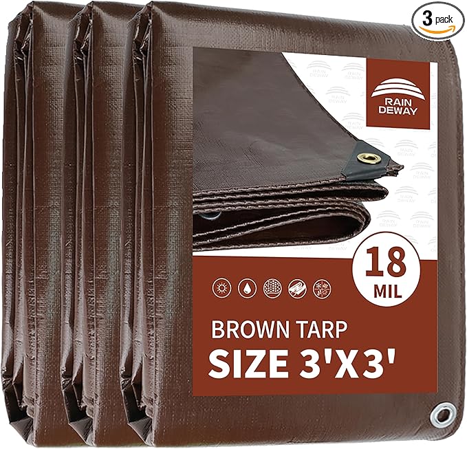 RAINDEWAY 3x3 Feet (3 Pack) Super Heavy Duty Tarp 18 Mil,Small Tarps UV Resistant, Weatherproof, Multipurpose Waterproof Poly Tarp Cover with Grommets and Reinforced Edges,Brown Tarps