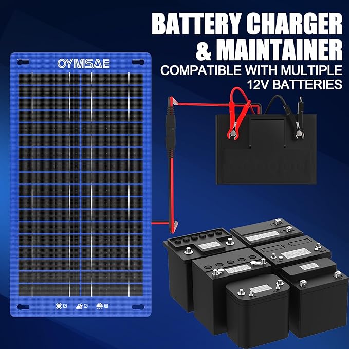 OYMSAE 15W 12V Solar Trickle Charger Maintainer, Waterproof Portable Solar Panel Battery Charger Kit with Cigarette Lighter Plug & Alligator Clips for Car, RV, Truck, Boat, Motorcycle, Marine