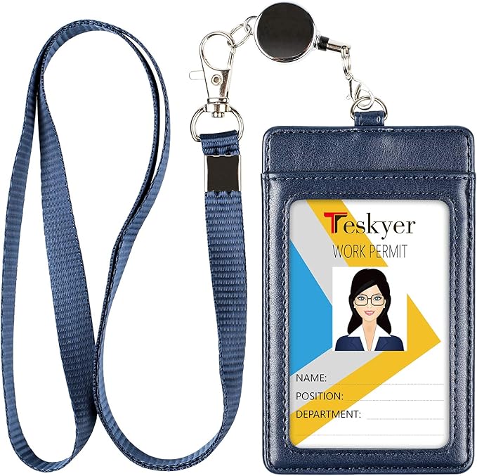 Teskyer Leather Badge Holder with Lanyard and Badge Reel, Retractable Lanyard ID Card Holder for Office School Name Work IDs, Blue