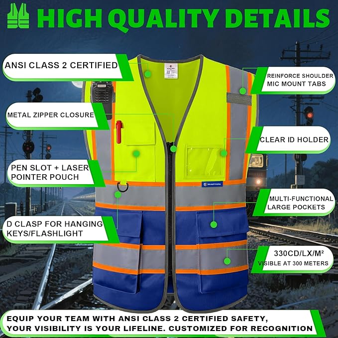 BeautyWill 10 Pack Custom Logo Safety Vest ANSI Class 2 High Visibility Reflective Vest Personalized Construction Vest Bulk