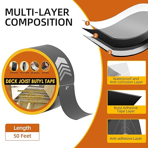 Butyl Deck Tape 2" x 50' with 2 Rolls, Joist Tape 2 inch for Decking, Waterproof and Anti-Corrosion Flashing Tape for Deck, Joist, Roofs, Beams, RV, Doors, and Fences