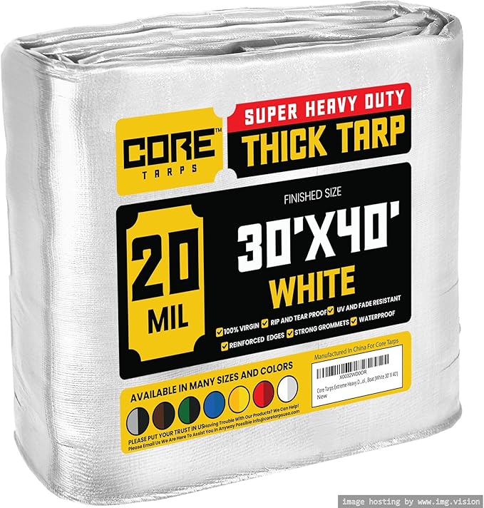 Core Tarps Extreme Heavy Duty 20 Mil Tarp Cover, Waterproof, UV Resistant, Rip and Tear Proof, Poly Tarpaulin with Reinforced Edges for Roof, Camping, Patio, Pool, Boat (White 30′ X 40′)