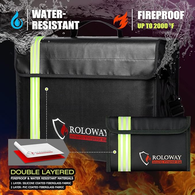 ROLOWAY Large (17 x 12 x 5.8 inches) Fireproof Bag with Reflective Strip, Water Resistant Fireproof Document Bag Safe for Money, Documents and Valuables Storage