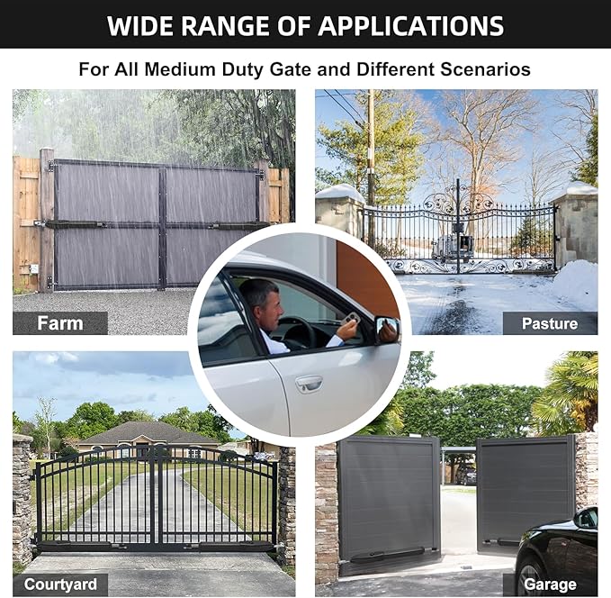 JUJIANG Automatic Gate Opener with Remote Complete Kit for Swing Gate Up to 770lb 16FT per Arm, Electric Gate Opener Medium Duty Dual Swing Gate Opener Automatic Gate Motor 60W AC Powered PKM-C026