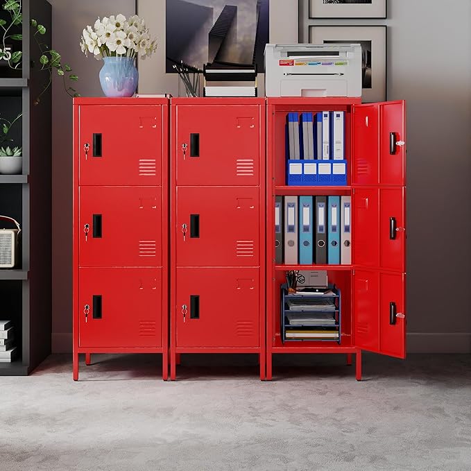 Aobabo 16" W 3 Door Metal Storage Locker with Lock, 47" H Steel Locker with Name Card Holder and Metal Leg for School, Home, Office, Playroom, Assembly Required, Red