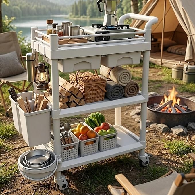 3 Tiers Medical Carts with 4 Wheels, Heavy Duty 330LBS Rolling Utility Cart with 2 Drawers, Trash Cans & Dirt Buckets, Medical Mobile Trolley Cart for Dental Clinics, Hospital and Beauty Salon