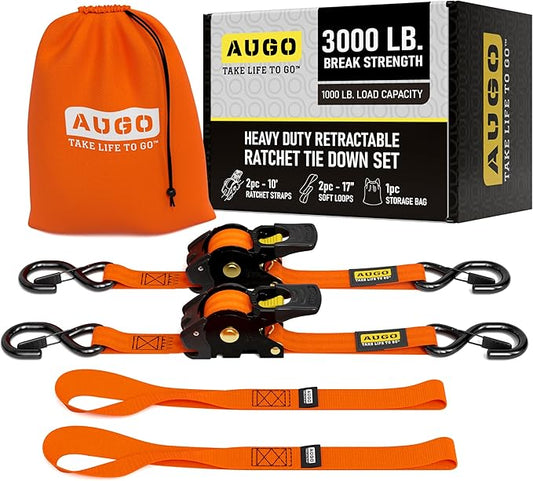 AUGO Retractable Ratchet Straps | 2 Heavy Duty Ratchet Straps Self Retractable Tie Downs with Soft Loops & Storage Bag for Motorcycle, Truck, Trailer, Cargo Van | 3000 Lb Break Strength 2” x 10’