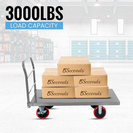 5Seconds Flatbed Platform Cart Industrial Dolly Heavy Duty 60” x 30” Hand Push Truck Super Heavy Duty Flatbed with 3000Lb Capacity 8'' Locked Swivel Wheels Commercial Moving