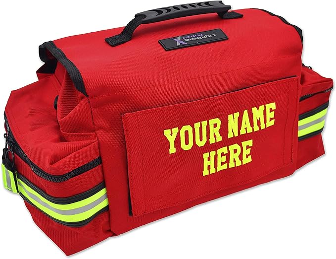 Lightning X Personalized First Responder EMT EMS Trauma Bag w/Stocked First Aid Fill Kit B & Custom Embroidered Name Patch (Red)