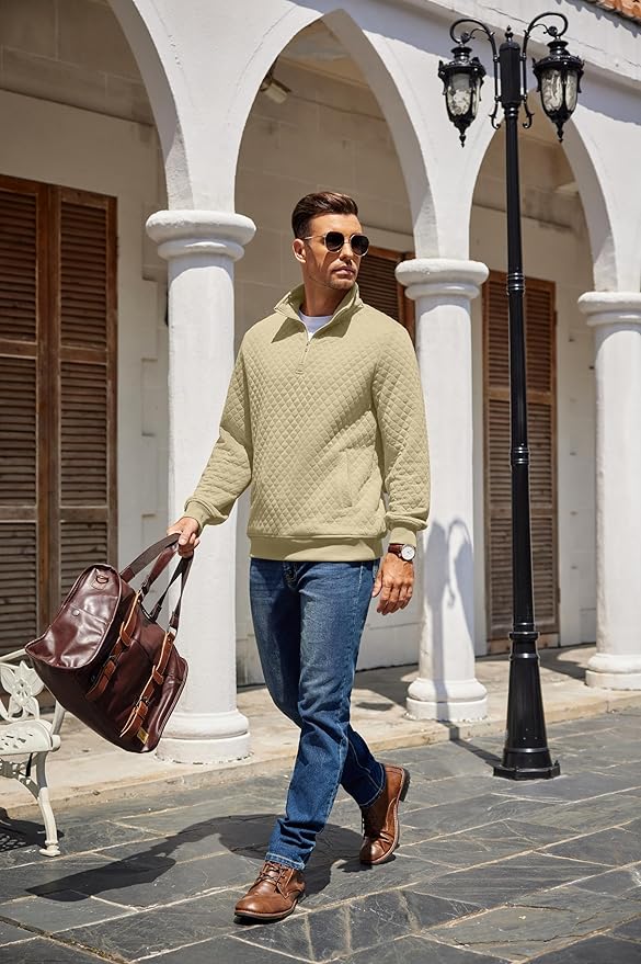 COOFANDY Mens Quarter Zip Pullover Quilted Sweatshirt Knit Long Sleeve Mock Neck Sweater Polo with Pocket