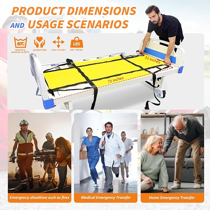 Emergency Evacuation Sheet – Quick Patient Transfer System for Hospitals & Home Care – 330LBS Capacity – 72.8"x33.5" – Fits Standard Beds