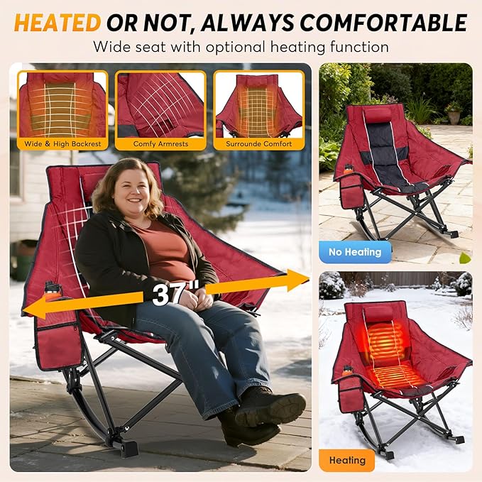 Suteck Heated Rocking Camping Chair - Oversized Heated Camping Chair W/20000mAh Power Bank & Carry Bag, Fully Padded Heated Chairs for Outdoor Sports W/3 Heat Levels for Back & Seat, Lawn Picnic Patio