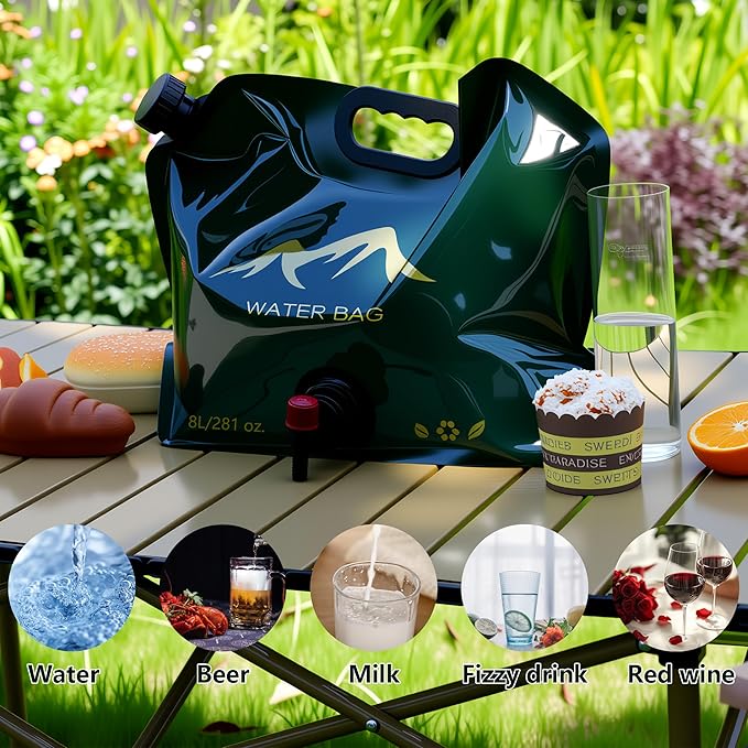 Water Storage Containers,2 Gallon (8 L) Collapsible Camping Water Jug,BPA Free Food Grade Water Container With Spigot,Potable Folding Emergency Water Bags for Hiking & Outdoor (Dark Green)