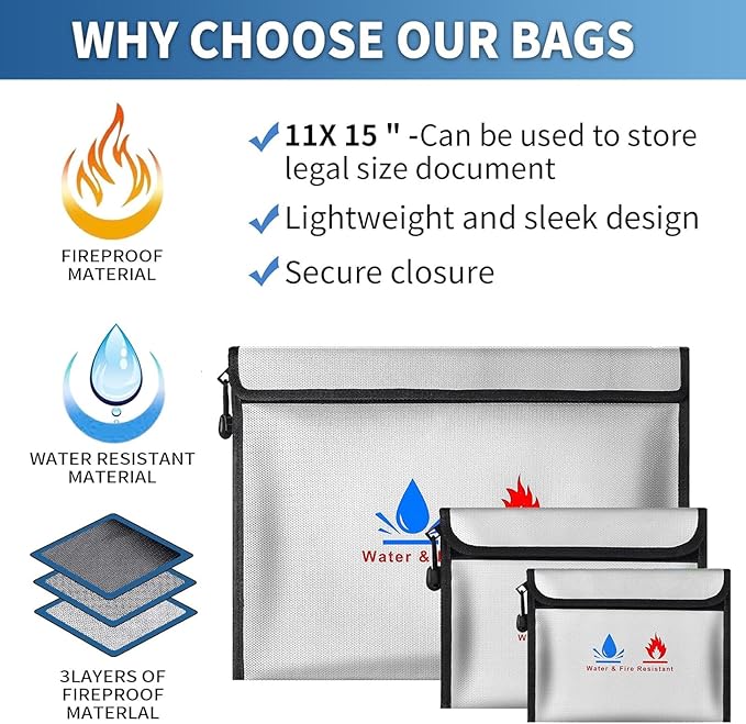 Fireproof Waterproof Money Document Bag - 3 Pack Safe Upgraded Zipper Bags, Fire & Water Resistant Storage Organizer Pouch for A4 A5 Documents Holder,File,Cash,Jewelry,Passport,Tablet,Laptop