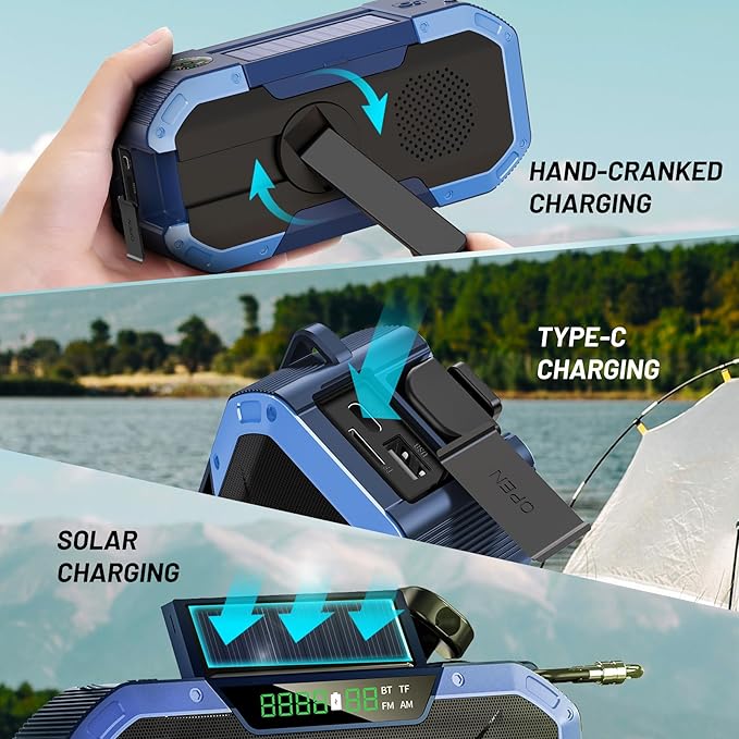 Emergency Radio Waterproof Bluetooth Speaker,Portable Digital AM FM Radio with 5000mAH Cell Phone Charger,Flashlight,Reading Lamp,Hand Crank NOAA Weather Radio with Solar Panel,Emergency Survival Kit