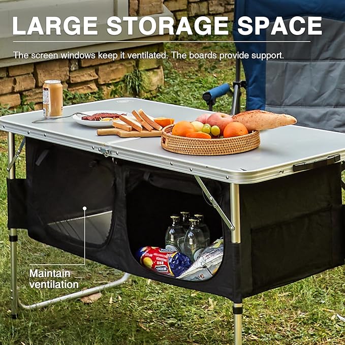 EVER ADVANCED Folding Camping Table with Storage, 4 ft * 2 ft Aluminum Composite Desktop & Adjustable Legs, Outdoor Kitchen Table for Tailgating, Backyard, BBQ and Picnic