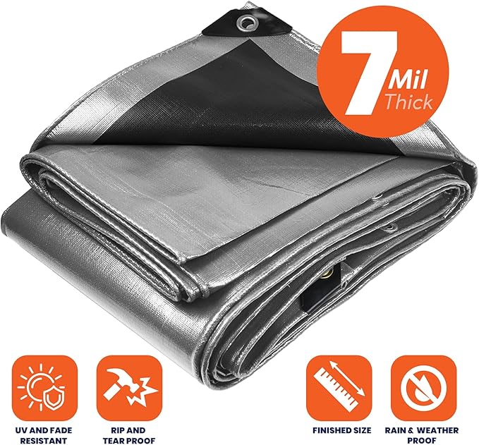 Tarpco Safety Heavy Duty 7 Mil Tarp Cover, Waterproof, UV Resistant, Rip and Tear Proof, Poly Tarpaulin with Reinforced Edges for Roof, Camping, Patio, Pool Cover, Boat (Silver/Black 40′ X 50′)