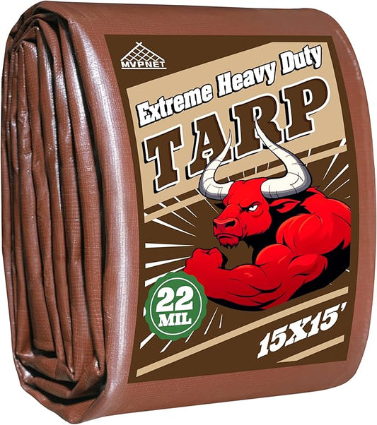 15x15 FT Tarp 22 mil Extreme Heavy Duty Waterproof tarps,Brown&Beige Multipurpose Outdoor Tarpaulin Tear-Proof&UV-Resistant,for Canopy,Camping,Roof,Trailer, Etc