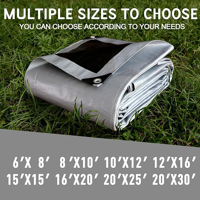 STARPYNG-12 Mil Silver/Black 12x16 Feet Tarp-Heavy Duty Poly Tarp-Cover,Waterproof, UV Resistant, Weather Resistant, Cover Cars, Boats, Courtyards,Camping