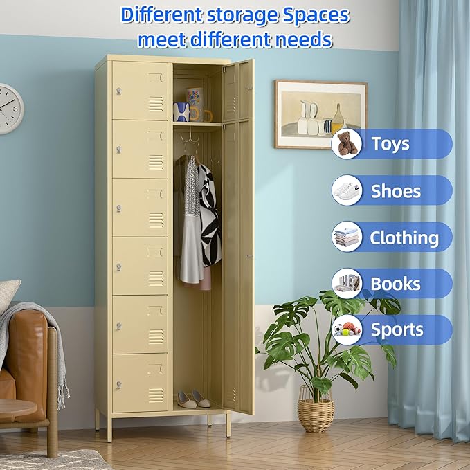 8 Doors Metal Lockers for Employees, 72" H Steel Lockable Storage Lockers with 3 Hooks and 8 Card Holder for Office, Home, Gym, School, Employees, Camel