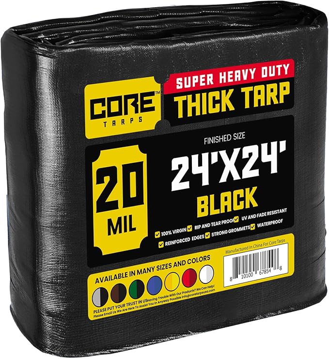 Core Tarps Extreme Heavy Duty 20 Mil Tarp Cover, Waterproof, UV Resistant, Rip and Tear Proof, Poly Tarpaulin with Reinforced Edges for Roof, Camping, Patio, Pool, Boat (Black 24′ X 24′)