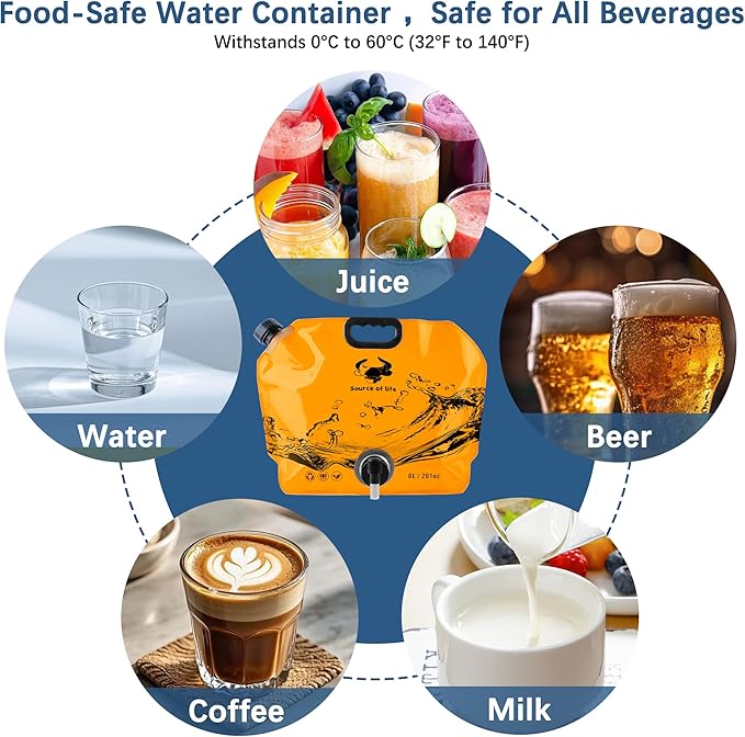 Water Jug Camping 2.1 Gallon Collapsible with Spigot, BPA Free Portable Water Pouch Foldable Water Bags for Outdoor Hiking, Travel and Emergency & Water Storage Containers (Orange-1Pcs)