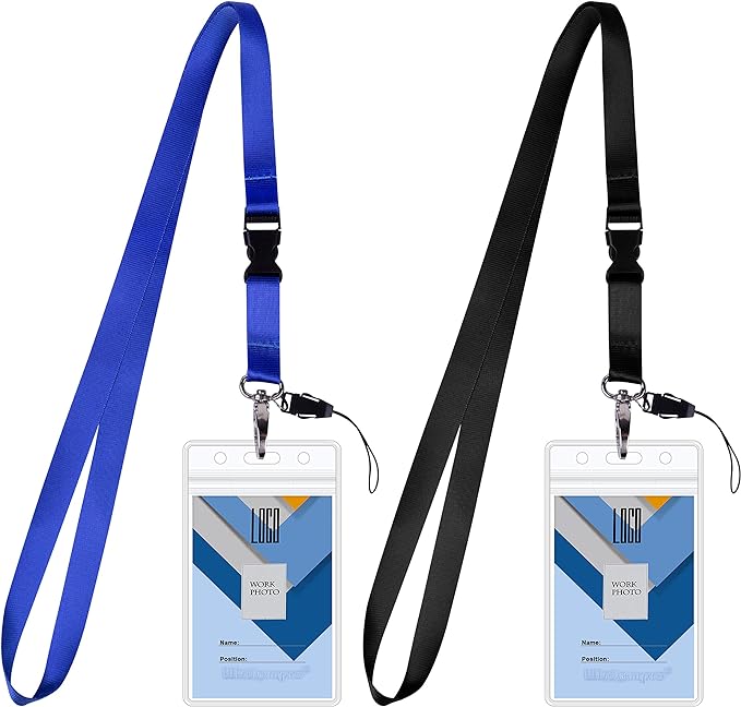 Cruise Lanyard Badge Holder, Wisdompro Vertical 2-Sided 2 Card Slot Waterproof Clear PVC ID Tag Holder with Ziplock and 20.8’’ Heavy Duty Detachable Neck Strap - 2 Set, Black/Blue