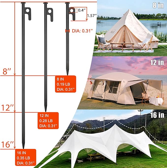 20 Pack 12 inch Tent Stakes Heavy Duty Metal Tent Pegs for Camping Steel Tent Pegs Unbreakable and Inflexible