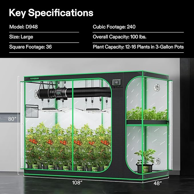VIVOSUN D948 2-in-1 9x4 Grow Tent, 108"x48"x80" High Reflective Mylar with Multi-Chamber and Floor Tray for Hydroponic Indoor Plant