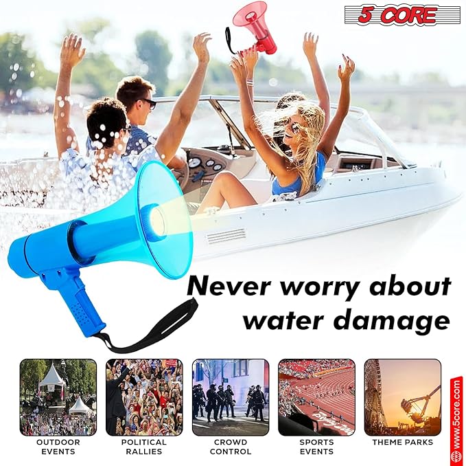 5 CORE Megaphone 50W Waterproof Bull Horn PA Speaker w 800 Yards Range Flashlight Loud Siren Voice Amplifier Lightweight Portable Megafono for Outdoor Sports Cheerleading and Coaches - HW 18 WP