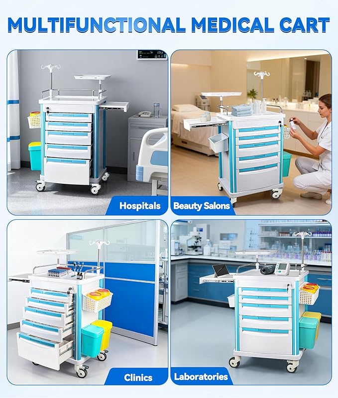 Medical Rolling Storage Crash Cart with Wheels & Drawers, Hospital Mobile Ultrasound cart with 5 Drawers & Power Strip,IV Pole,Needle Disposal,O2 Holder,Nursing Emergency Cart for Hospital, Clinic