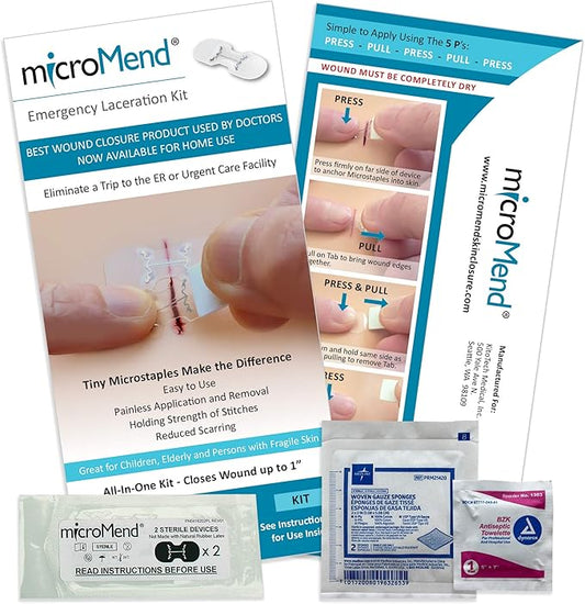 Emergency Wound Closures Surgical Quality Laceration Repair Without Stitches - Think Ahead - Be Prepared- (Emergency Wound Closures XS/SM (2 Devices - 1 Alcohol Prep Pad - 1 Gauze)