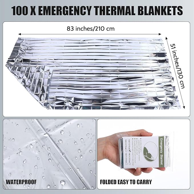 Suhine 200 Pcs Homeless Care Package Supplies Bulk 100 Emergency Survival Thermal Blankets 100 Socks Unisex Winter for Men Women Outdoors First Aid