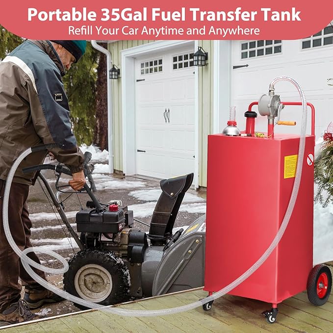 Upgraded 35 Gallon Fuel Caddy, Manual Hand Pump & Easy-Roll Wheels, Heavy-Duty UV-Resistant Steel Tank for Gas & Diesel, Portable Fuel Storage for Tractors, Mowers, Boats