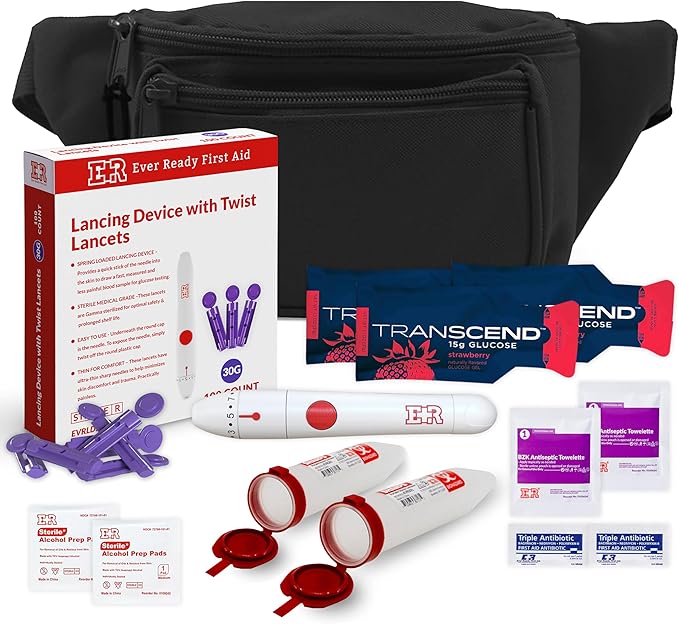 Ever Ready First Aid Diabetic Fanny Pack Kit - Includes BZK Antiseptic Towelettes, Adhesive Bandages, Lancing Device, Sharp Container, Portable Emergency Supplies for Diabetes Care